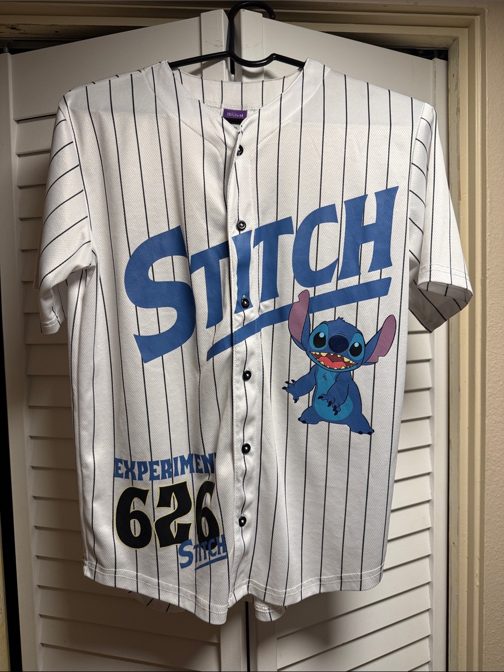 Disney White & Blue Pinstripe Stitch Baseball Jersey